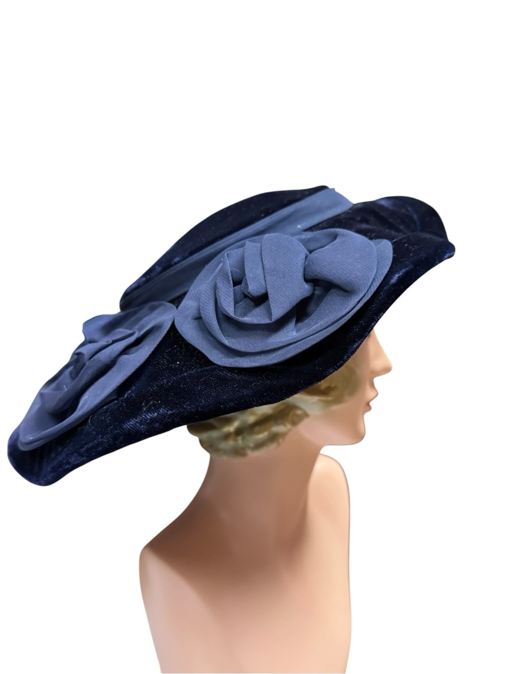 Vintage 1900s Handmade Velvet Navy Wide-Brim Floral Accent Hat